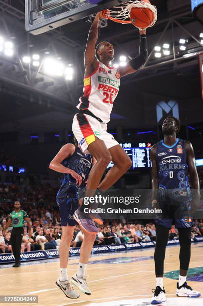 Alexandre Sarr of the Wildcats slam dunks during the round six NBL match between Melbourne United and Perth Wildcats at John Cain Arena on November...