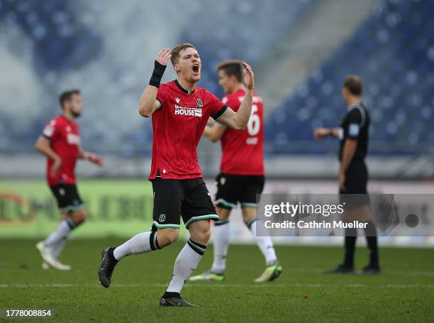 Marcel Halstenberg celebrates after scoring the team's second goal during the Second Bundesliga match between Hannover 96 and Eintracht Braunschweig...