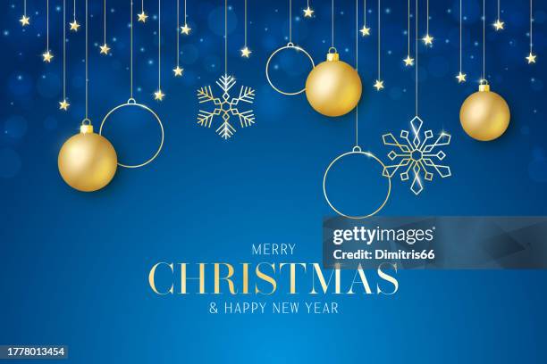 merry christmas and happy new year card with christmas ornaments - hanging balls stock illustrations
