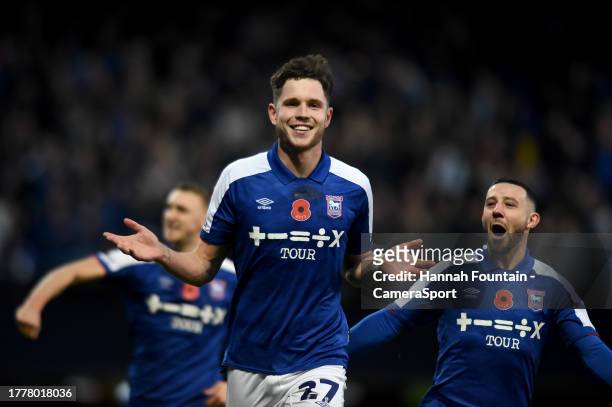 Ipswich Town's George Hirst celebrates scoring his side's third goal during the Sky Bet Championship match between Ipswich Town and Swansea City at...