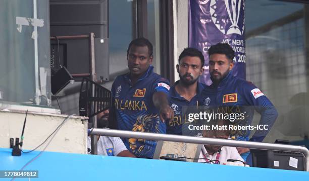 Angelo Matthews of Sri Lanka reacts after becoming the first International Batter to be dismissed timed out during the ICC Men's Cricket World Cup...