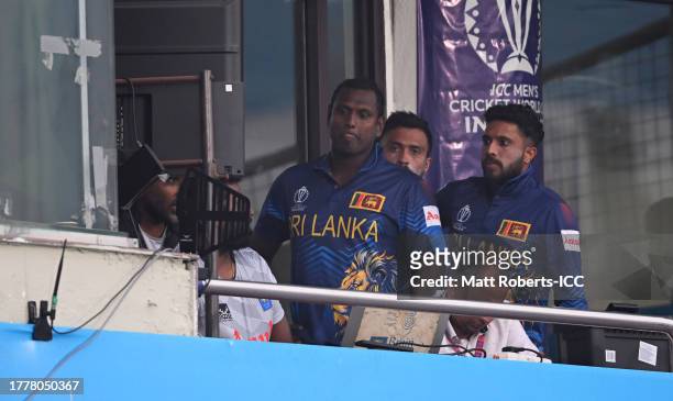 Angelo Matthews of Sri Lanka reacts after becoming the first International Batter to be dismissed timed out during the ICC Men's Cricket World Cup...
