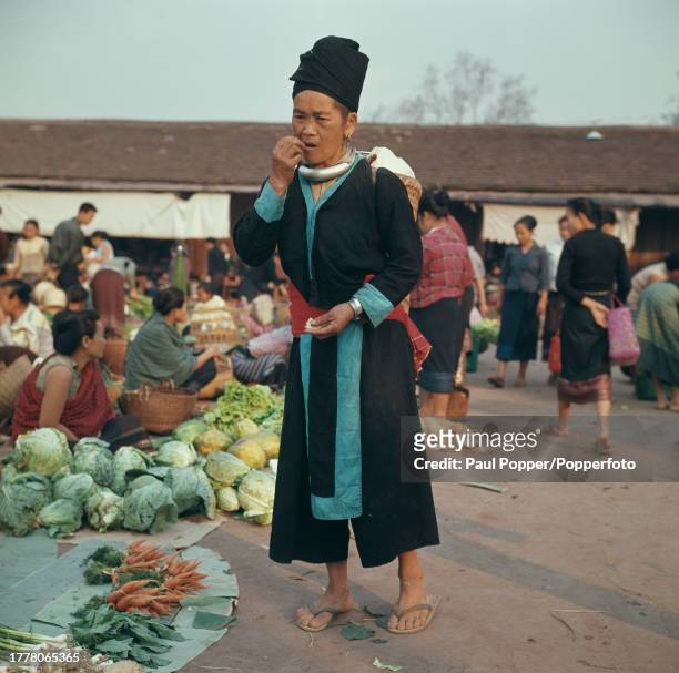 Woman of the Hmong people, a sub-group of the Miao people, shops for fruit and vegetables at a street market in a town in the interior of Laos in...