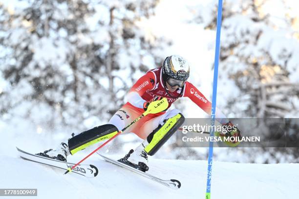 Wendy Holdener of Switzerland competes during the first run of the women's slalom competition of the FIS Alpine Skiing World Cup in Kittilae,...