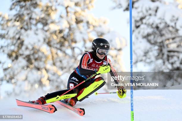 Amelia Smart of Canada competes during the first run of the women's slalom competition of the FIS Alpine Skiing World Cup in Kittilae, Finland, on...