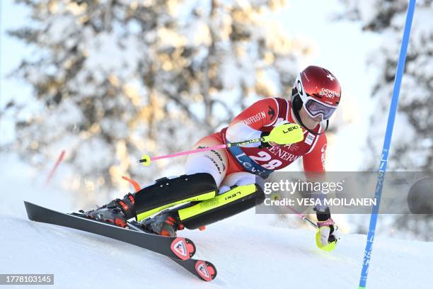 Melanie Meillard of Switzerland competes during the first run of the women's slalom competition of the FIS Alpine Skiing World Cup in Kittilae,...