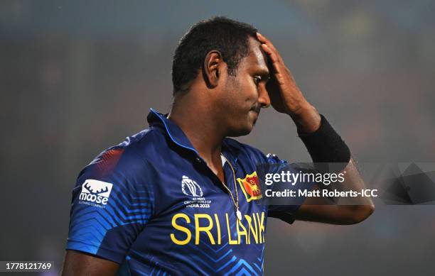 Angelo Matthews of Sri Lanka reacts. Matthews in the previous innings become the first International Batter to be dismissed timed out during the ICC...