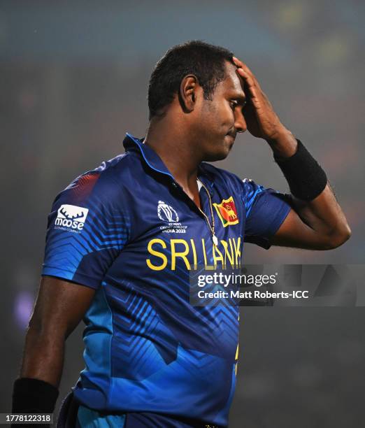 Angelo Matthews of Sri Lanka reacts. Matthews in the previous innings become the first International Batter to be dismissed timed out during the ICC...