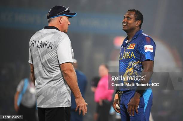 Chris Silverwood, Head Coach of Sri Lanka and Angelo Matthews of Sri Lanka interact. Matthews in the previous innings become the first International...