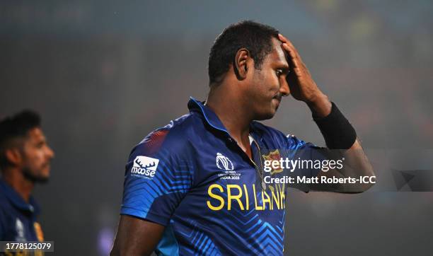 Angelo Matthews of Sri Lanka reacts. Matthews in the previous innings become the first International Batter to be dismissed timed out during the ICC...