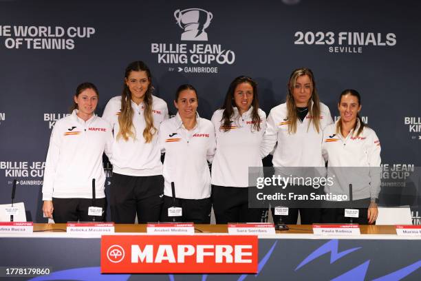 Team Spain pose for a photo during a press conference prior to the Billie Jean King Cup Finals at Estadio de La Cartuja on November 06, 2023 in...