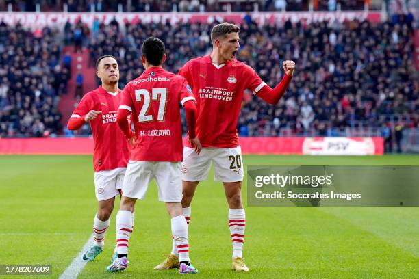 Hirving Lozano of PSV celebrates 1-0 with Guus Til of PSV, Sergino Dest of PSV during the Dutch Eredivisie match between PSV v PEC Zwolle at the...