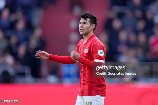 Hirving Lozano of PSV celebrates 1-0 during the Dutch Eredivisie match between PSV v PEC Zwolle at the Philips Stadium on November 12, 2023 in...