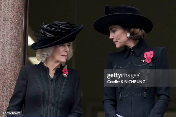 Britain's Queen Camilla and Britain's Catherine, Princess of Wales attend the National Service of Remembrance at the Cenotaph on Whitehall in central...