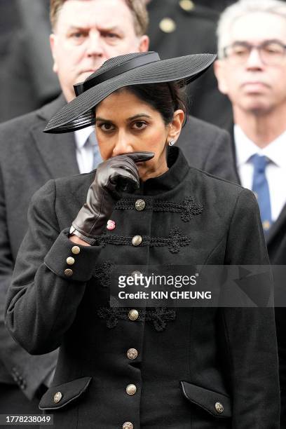 Britain's Home Secretary Suella Braverman attends the National Service of Remembrance at the Cenotaph on Whitehall in central London, on November 12,...
