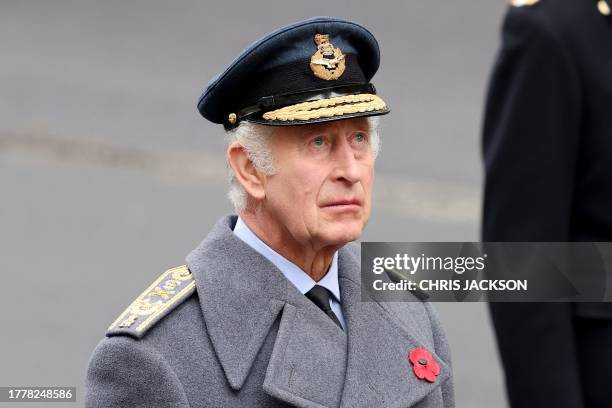 Britain's King Charles III attends the National Service of Remembrance at the Cenotaph on Whitehall in central London, on November 12, 2023....