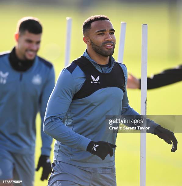 Callum Wilson warms up during the Newcastle United Training Session at the Newcastle United Training Centre in the lead up to the Champions League...