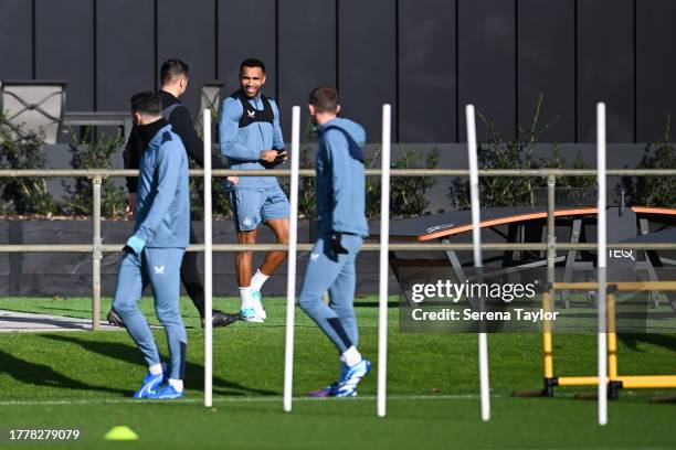 Callum Wilson walks out to warm up during the Newcastle United Training Session at the Newcastle United Training Centre in the lead up to the...