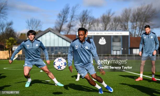 Amadou Diallo in in the middle of a game of boxes with Sandro Tonali and Paul Dummett during the Newcastle United Training Session at the Newcastle...