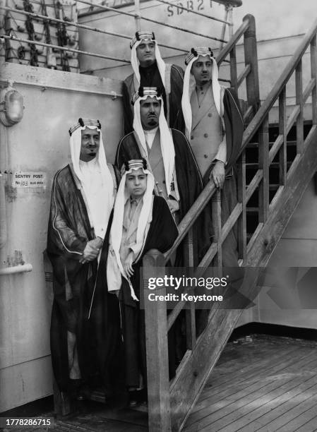 Saudi Royals Amir Nawaf, Amir Faisal , Amir Muhammad bin Abdulaziz Al Saud , Amir Fahad Ibn Abdul and Amir Abdullah Al Faisal on board the Queen Mary...