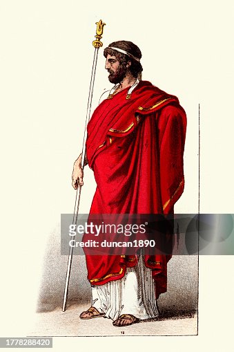 Greek King Wearing Red Cloak Himation Carrying A Staff History Fashions ...