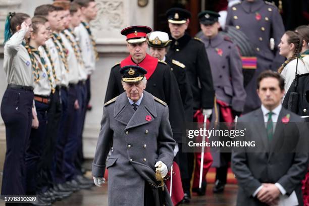 Britain's King Charles III leads members of the Royal Family during the National Service of Remembrance at the Cenotaph on Whitehall in central...