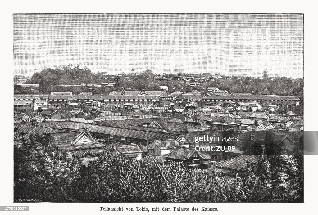 Tokio (Japón) con el Palacio Imperial, grabado en madera, publicado en 1894