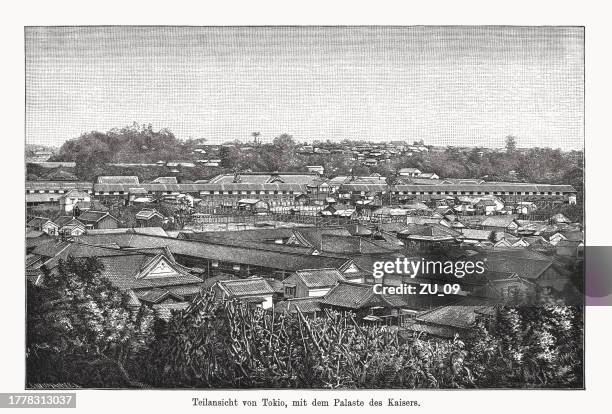 tokyo (japan) with the imperial palace, wood engraving, published 1894 - tokyo imperial palace stock illustrations