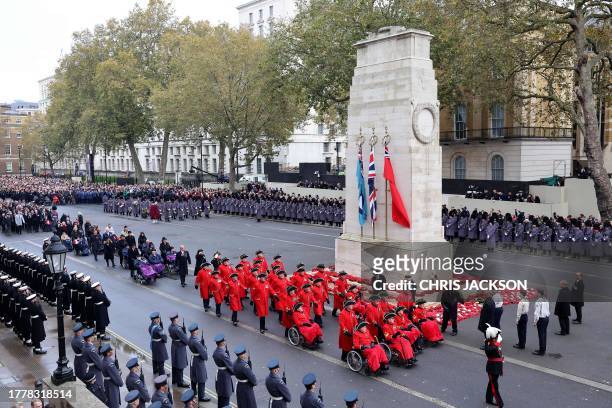 Chelsea Pensioners parade during the National Service of Remembrance at the Cenotaph on Whitehall in central London, on November 12, 2023....
