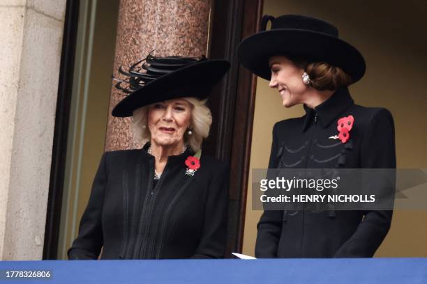 Britain's Queen Camilla and Britain's Catherine, Princess of Wales attend the Remembrance Sunday ceremony at the Cenotaph on Whitehall in central...