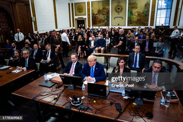 Former U.S. President Donald Trump sits in the courtroom during his civil fraud trial at New York State Supreme Court on November 06, 2023 in New...