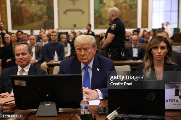 Former President Donald Trump sits in the courtroom with attorneys Christopher Kise and Alina Habba during his civil fraud trial at New York State...