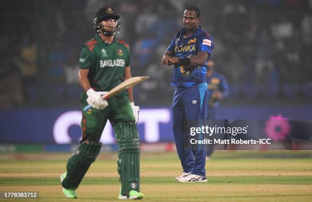 Angelo Matthews of Sri Lanka celebrates the wicket of Shakib Al Hasan of Bangladesh. Matthews in the previous innings became the first batter in...