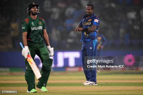 Angelo Matthews of Sri Lanka celebrates the wicket of Shakib Al Hasan of Bangladesh. Matthews in the previous innings became the first batter in...