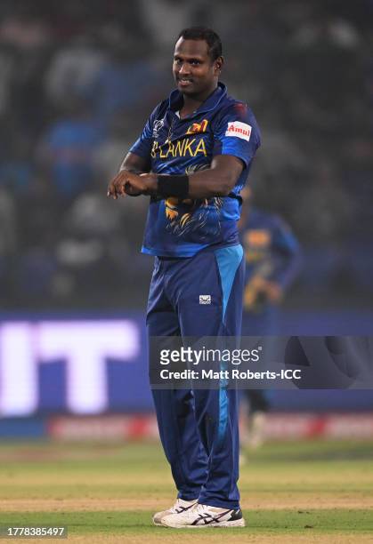 Angelo Matthews of Sri Lanka celebrates the wicket of Shakib Al Hasan of Bangladesh. Matthews in the previous innings became the first batter in...