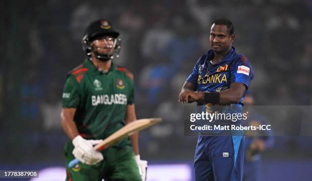 Angelo Matthews of Sri Lanka celebrates the wicket of Shakib Al Hasan of Bangladesh. Matthews in the previous innings became the first batter in...