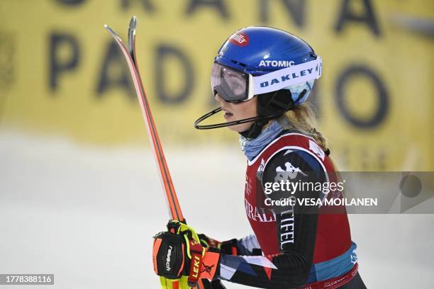 Winner Mikaela Shiffrin of USA reacts after finishing the second run of the women's slalom competition of the FIS Alpine Skiing World Cup in...
