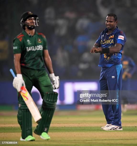 Angelo Matthews of Sri Lanka celebrates the wicket of Shakib Al Hasan of Bangladesh. Matthews in the previous innings became the first batter in...