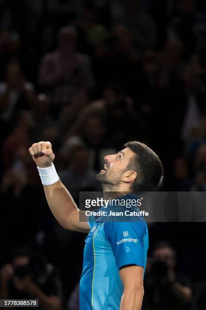 Novak Djokovic of Serbia celebrates winning the Men's Singles Final against Grigor Dimitrov of Bulgaria during day 7 of the Rolex Paris Masters 2023,...