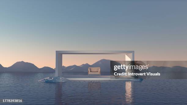surreal calm space dreamscape white room with sofa and sea water snowy mountains view - surreal stock-fotos und bilder