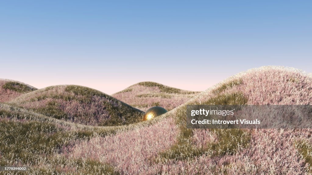 Surreal flower field hills lanscape in pink and green colours