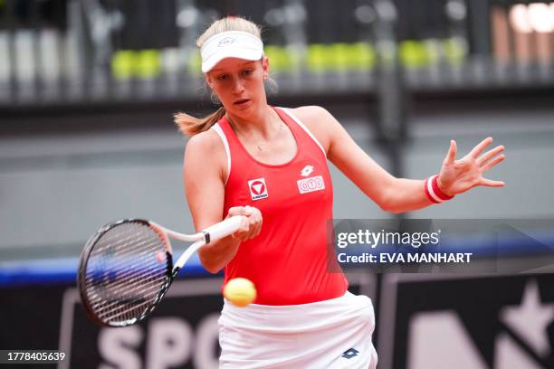 Sinja Kraus of Austria returns the ball to Fernanda Contreras Gomez of Mexico during the Billie Jean King Cup Play-offs in Schwechat, Austria, on...