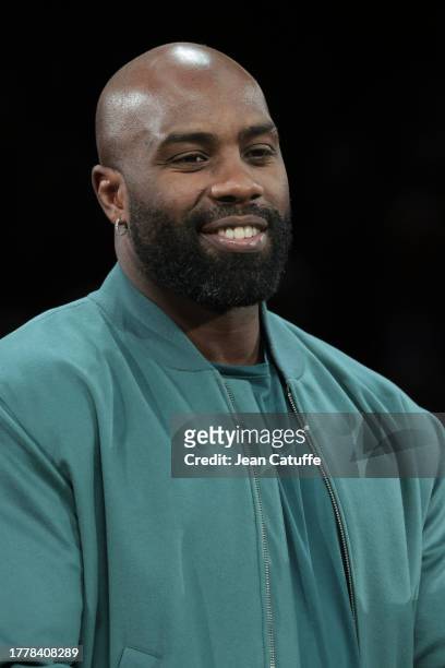 Trophy presenter Teddy Riner during the trophy ceremony after the Men's Singles Final on day 7 of the Rolex Paris Masters 2023, ATP Masters 1000 at...