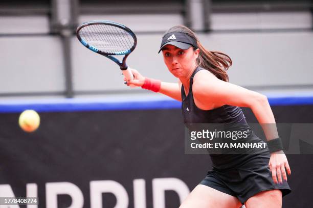 Fernanda Contreras Gomez of Mexico returns the ball to Sinja Kraus of Austria during the Billie Jean King Cup Play-offs in Schwechat, Austria, on...