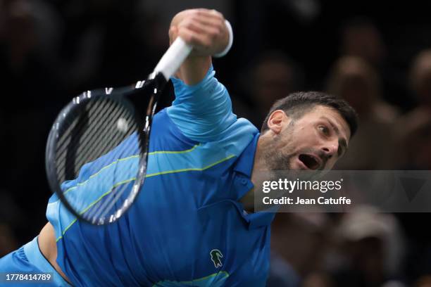 Novak Djokovic of Serbia during the Men's Singles Final against Grigor Dimitrov of Bulgaria on day 7 of the Rolex Paris Masters 2023, ATP Masters...