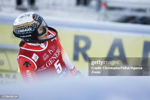 Wendy Holdener of Team Switzerland reacts during the Audi FIS Alpine Ski World Cup Women's Slalom on November 12, 2023 in Levi, Finland.