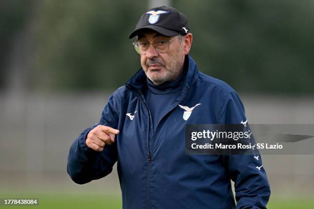 Lazio head coach Maurizio Sarri during a training session, ahead of their UEFA Champions League group E match against Feyenoord, at Formello sport...