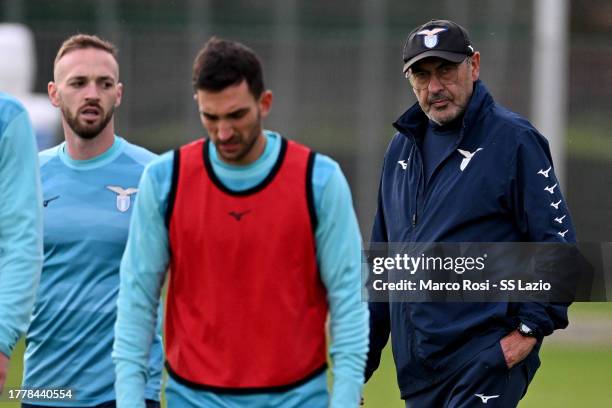 Lazio head coach Maurizio Sarri during a training session, ahead of their UEFA Champions League group E match against Feyenoord, at Formello sport...