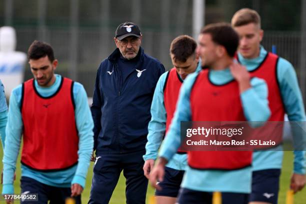 Lazio head coach Maurizio Sarri during a training session, ahead of their UEFA Champions League group E match against Feyenoord, at Formello sport...