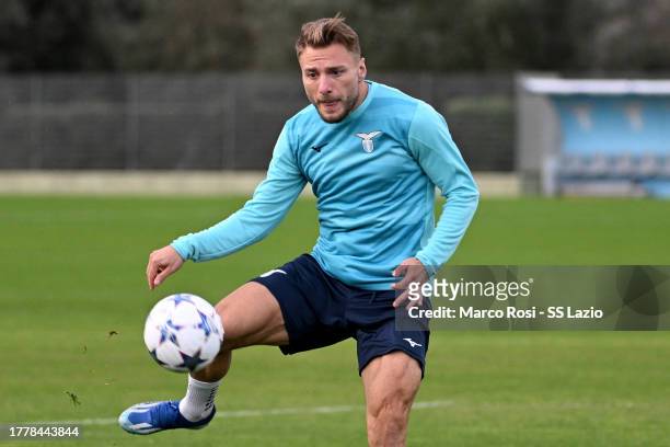 Ciro Immobile of SS Lazio during a training session, ahead of their UEFA Champions League group E match against Feyenoord, at Formello sport centre...